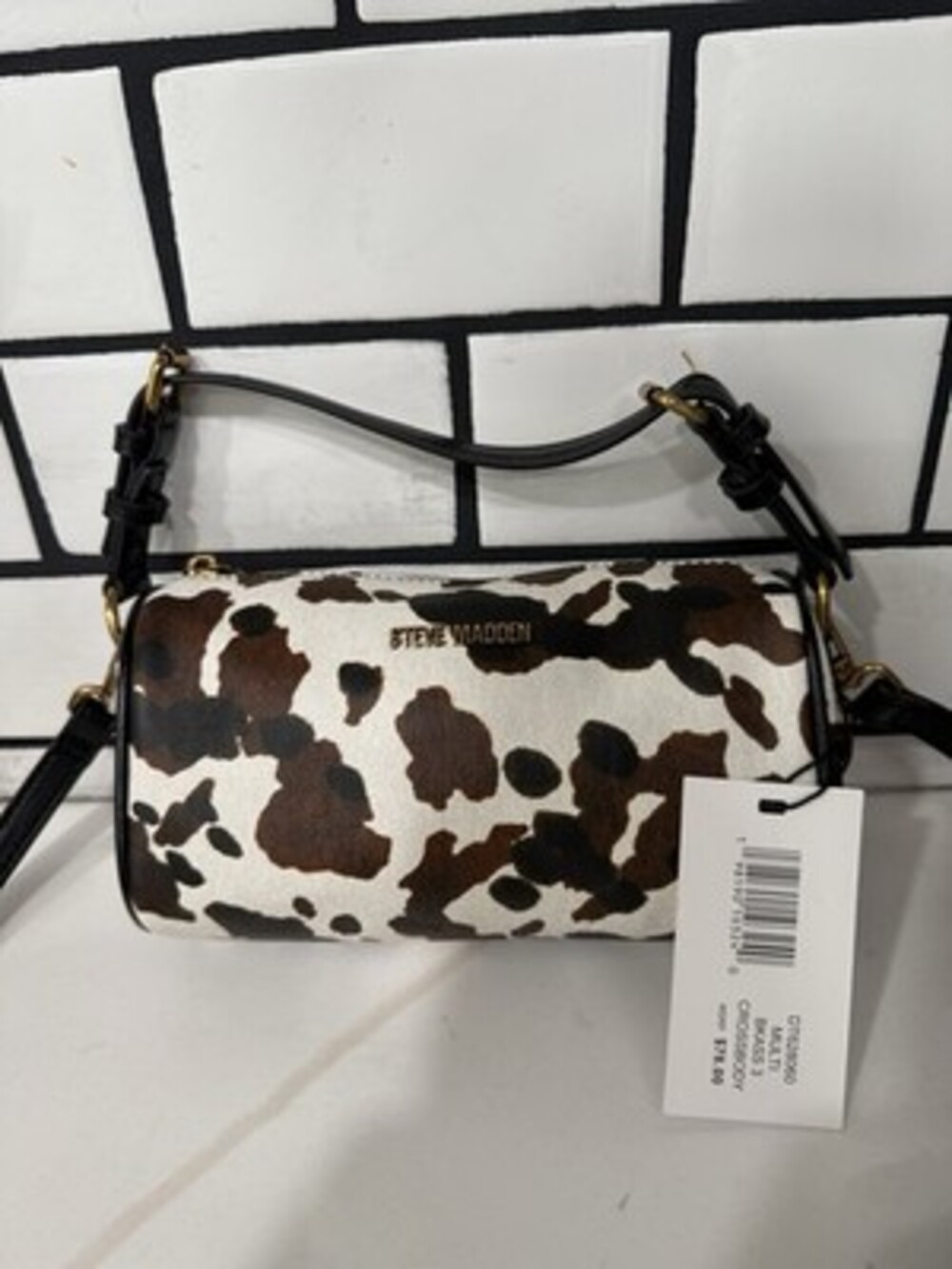 NWT Steve Madden Cow Print Barrel Crossbody Bag Brown White Cylinder Handbag - Picture 4 of 8